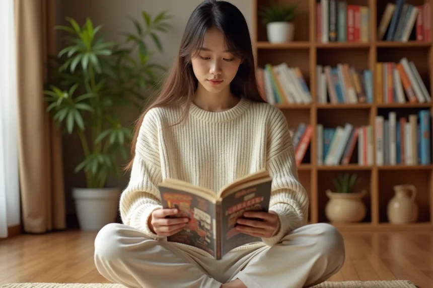 Jeune femme lisant un manga assis sur le sol d'un appartement décoré en style japonais, entourée d'étagères remplies de volumes de manga