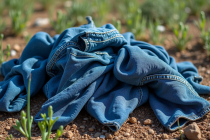Pile de jeans usagés dans une décharge avec plantes vertes