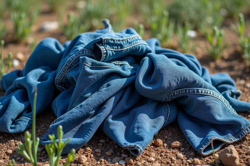 Pile de jeans usagés dans une décharge avec plantes vertes