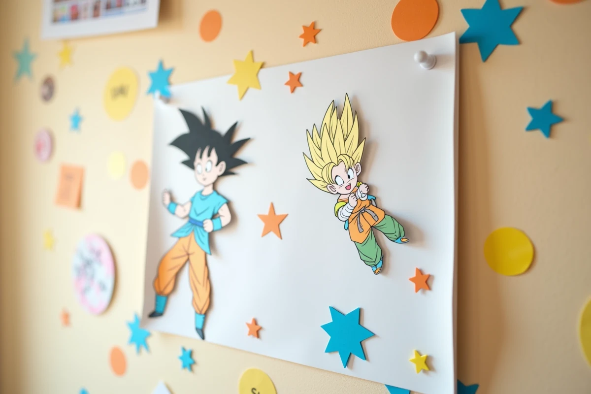 Décoration murale DIY Dragon Ball avec des découpes en papier colorié et des dessins faits main sur un panneau blanc