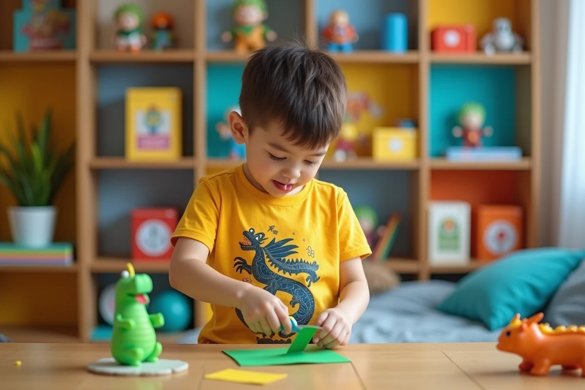 Jeune garçon découpant une figure Dragon Ball en papier à une table de bricolage dans sa chambre décorée