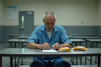 Homme en prison comptant des pièces dans la cantine