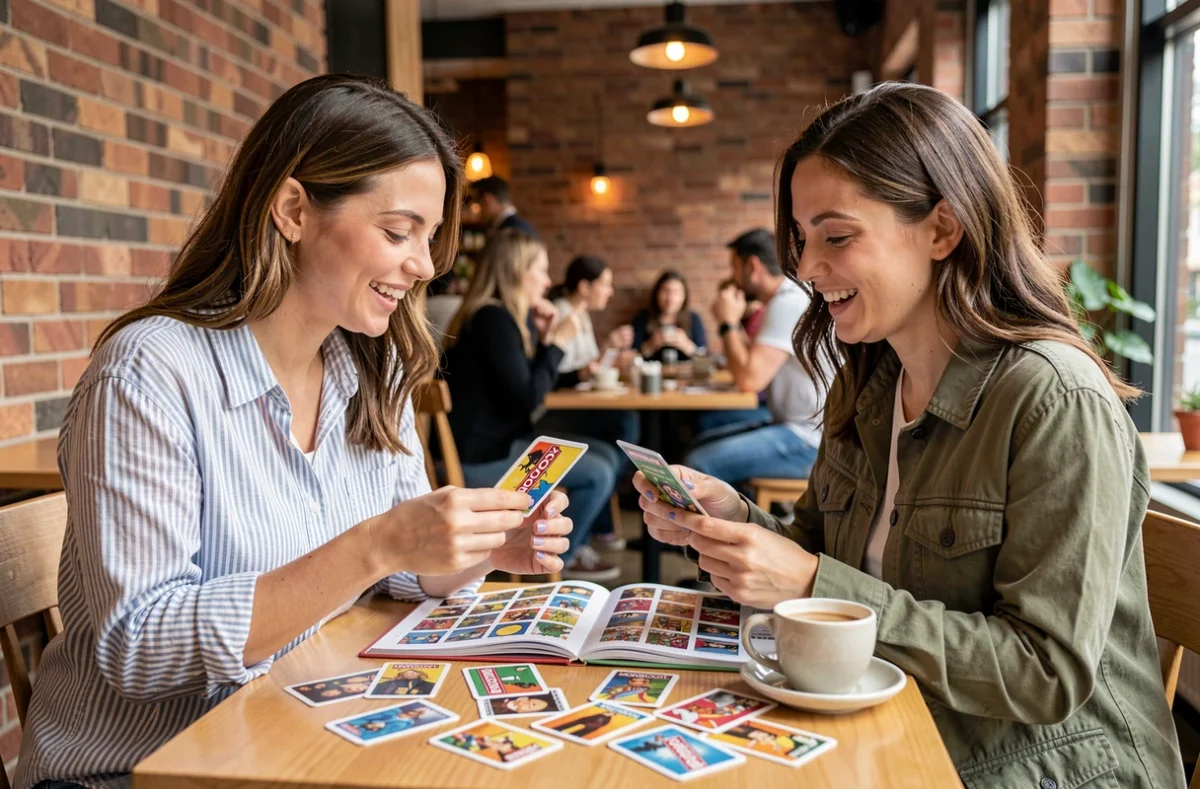 Deux femmes échangeant des cartes collector Monopoly Tycoon Club dans un café urbain moderne