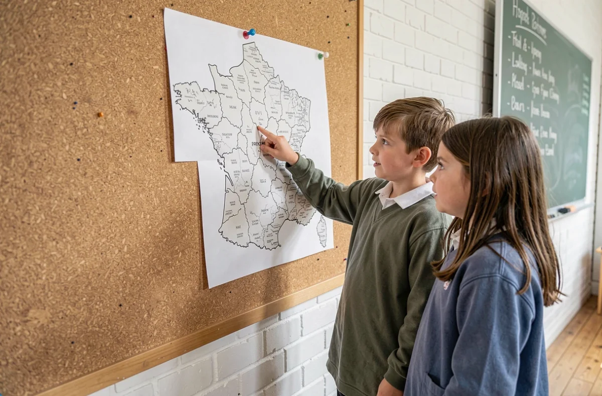 Élèves d'école primaire pointant les régions sur une carte de France affichée au tableau