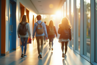 Elèves marchant dans le couloir d'un collège moderne en Vald’Oise