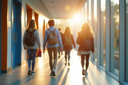 Elèves marchant dans le couloir d'un collège moderne en Vald’Oise