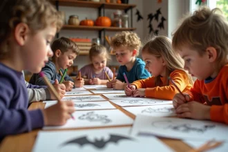 Groupe d'enfants coloriant des dessins de chauves-souris Halloween