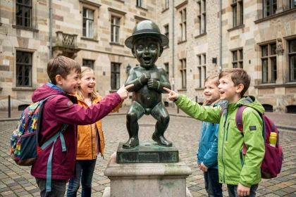 Des enfants souriants découvrant la statue du Manneken-Pis à Bruxelles lors d'une sortie scolaire