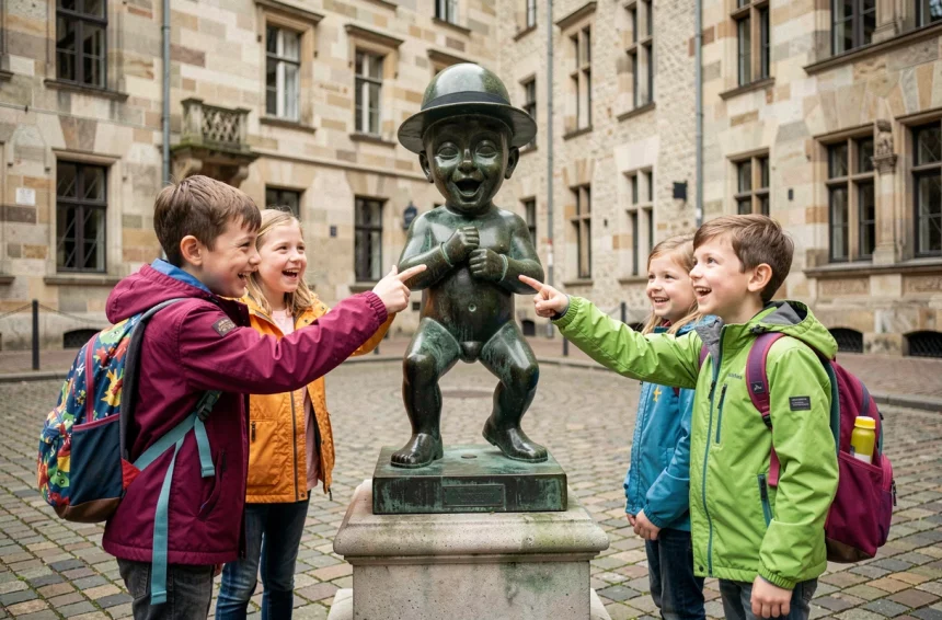 Des enfants souriants découvrant la statue du Manneken-Pis à Bruxelles lors d'une sortie scolaire