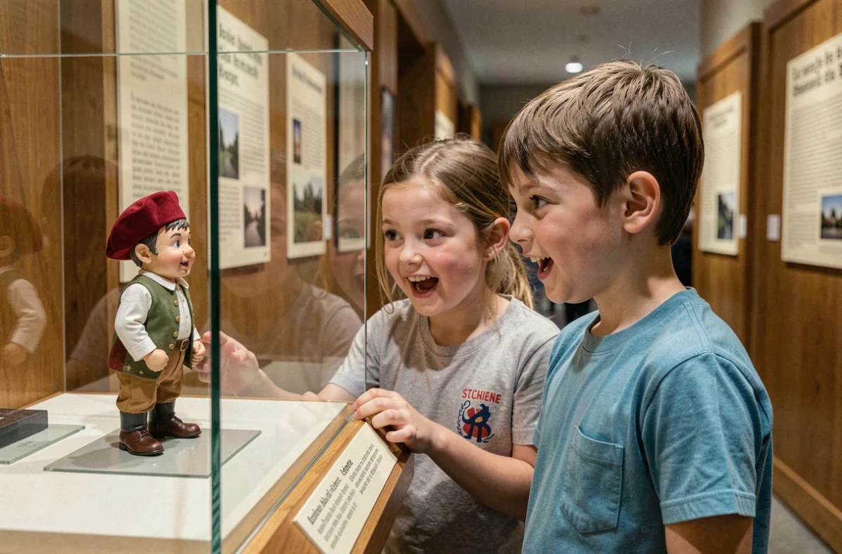 Deux enfants observent un costume miniature du Manneken-Pis dans un musée belge