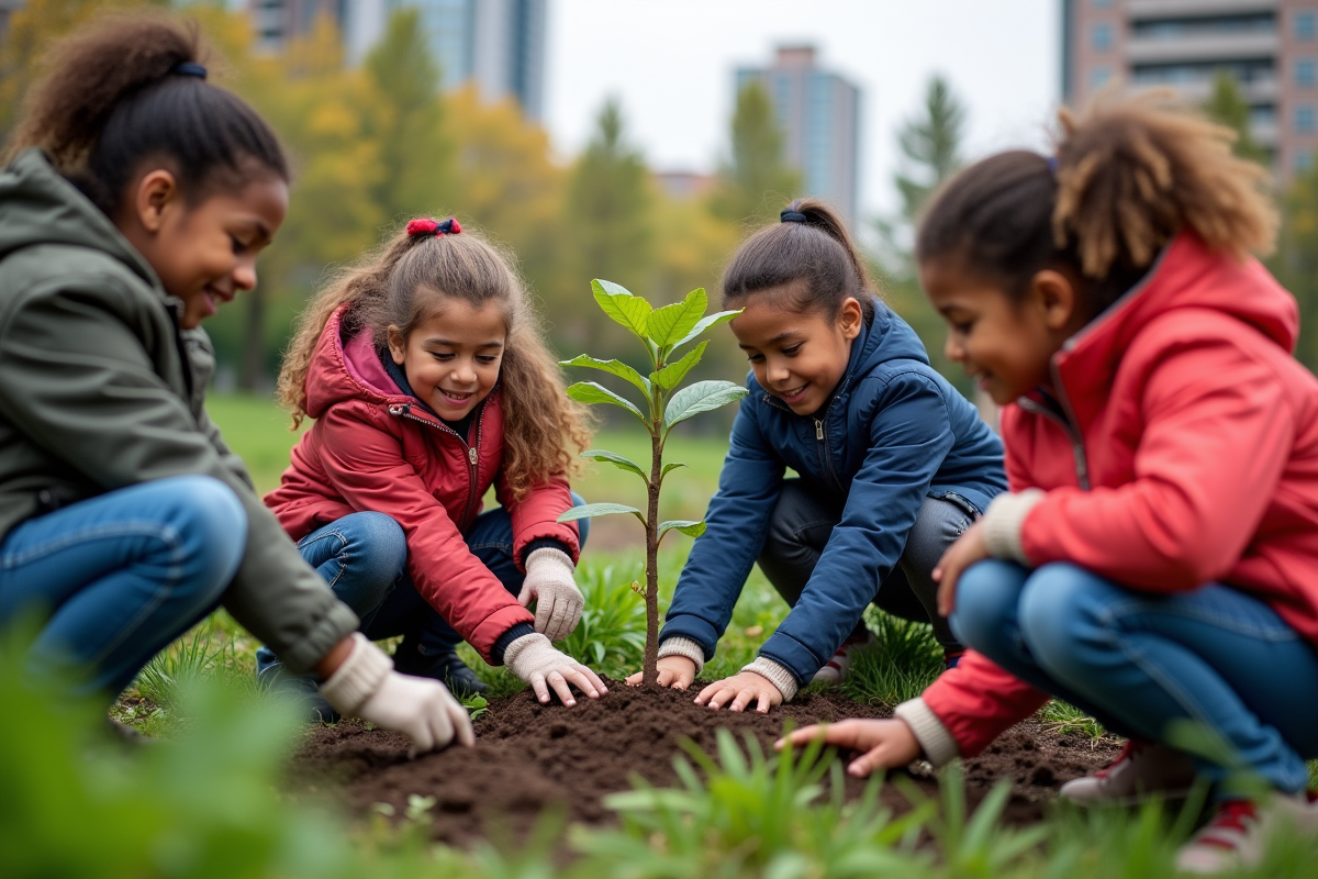 Enfants divers plantant un arbre dans un jardin urbain
