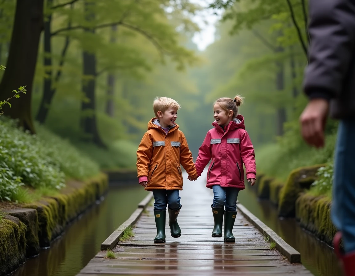 Enfants riant sur un pont en bois au-dessus d'un canal dans un parc naturel alsacien en famille