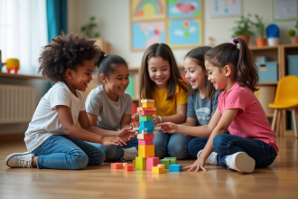 Groupe d'enfants construisant une tour de blocs colorés