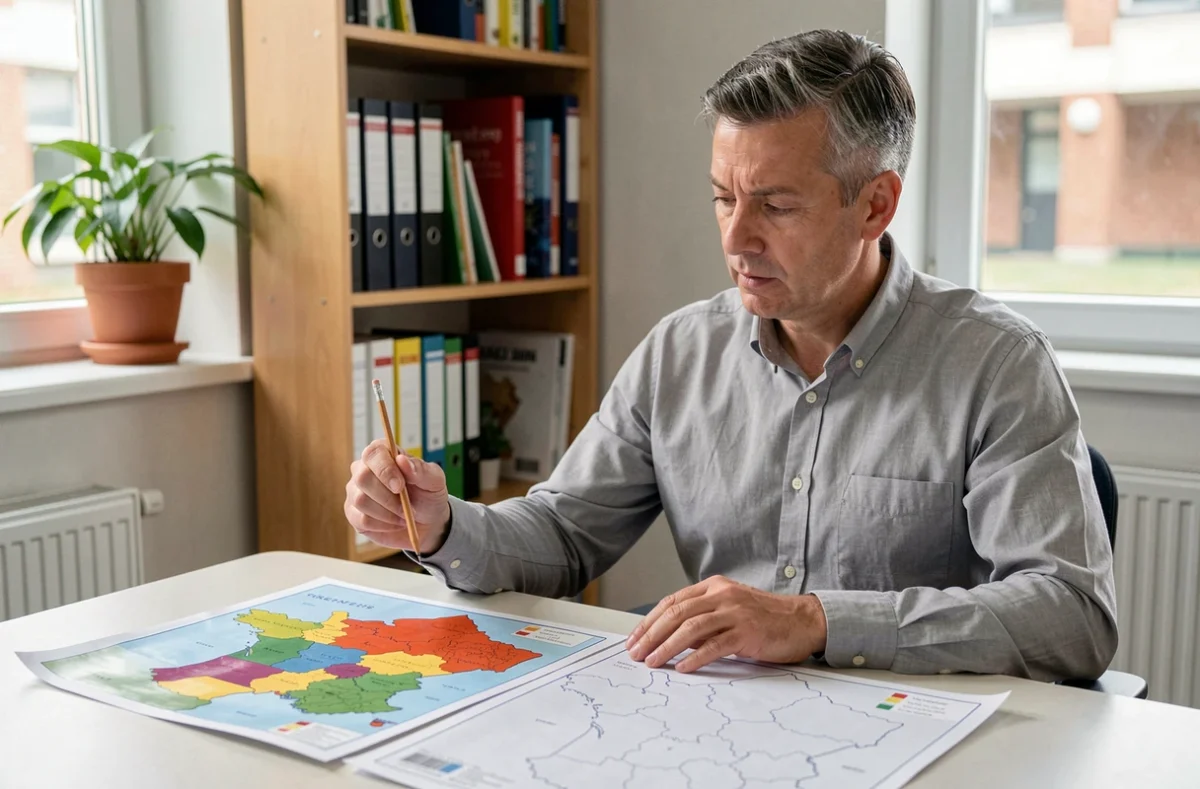 Enseignant comparant différentes versions de cartes de France imprimables sur un bureau