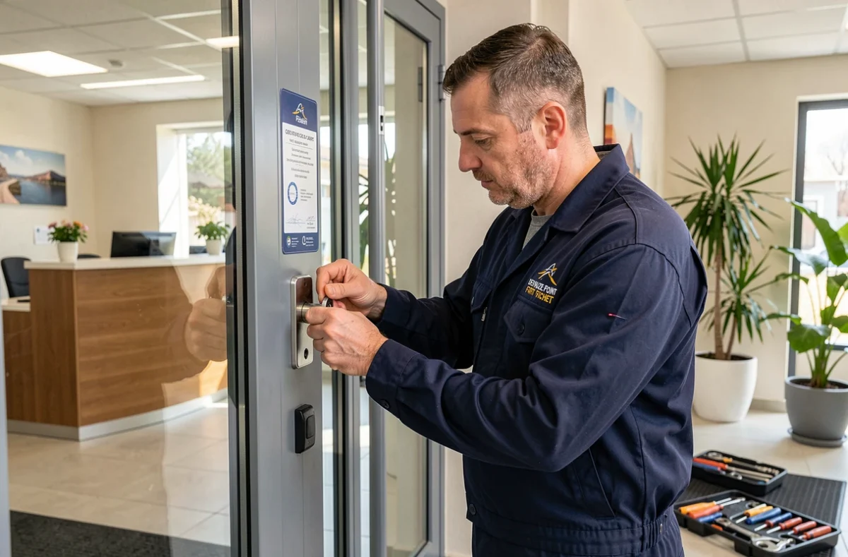 Technicien de l'Entreprise Devauze Point Fort Fichet installant une serrure certifiée à l'entrée d'un bâtiment marseillais