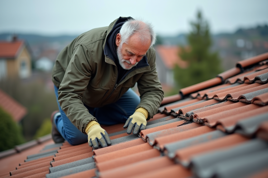 Couvreur âgé inspectant des tuiles en béton sur le toit