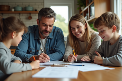 Famille de quatre autour d'une table cuisine pour le budget