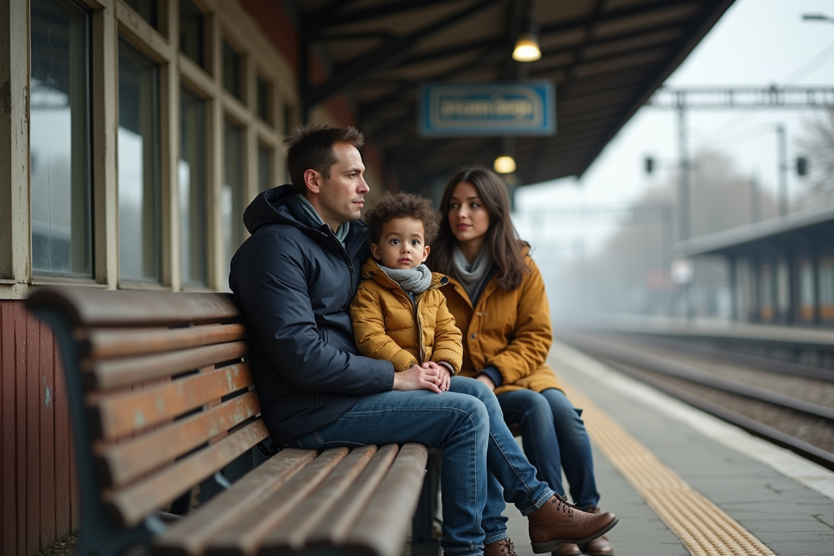 Famille migrante assise à la gare en attente dans un décor suburbain