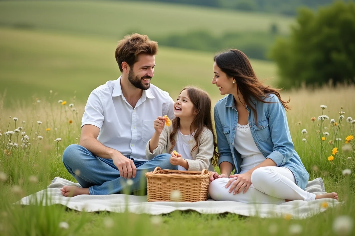 Famille en train de pique-niquer dans un pré verdoyant pendant les vacances, illustration de l'idée de bien profiter de ses vacances en famille