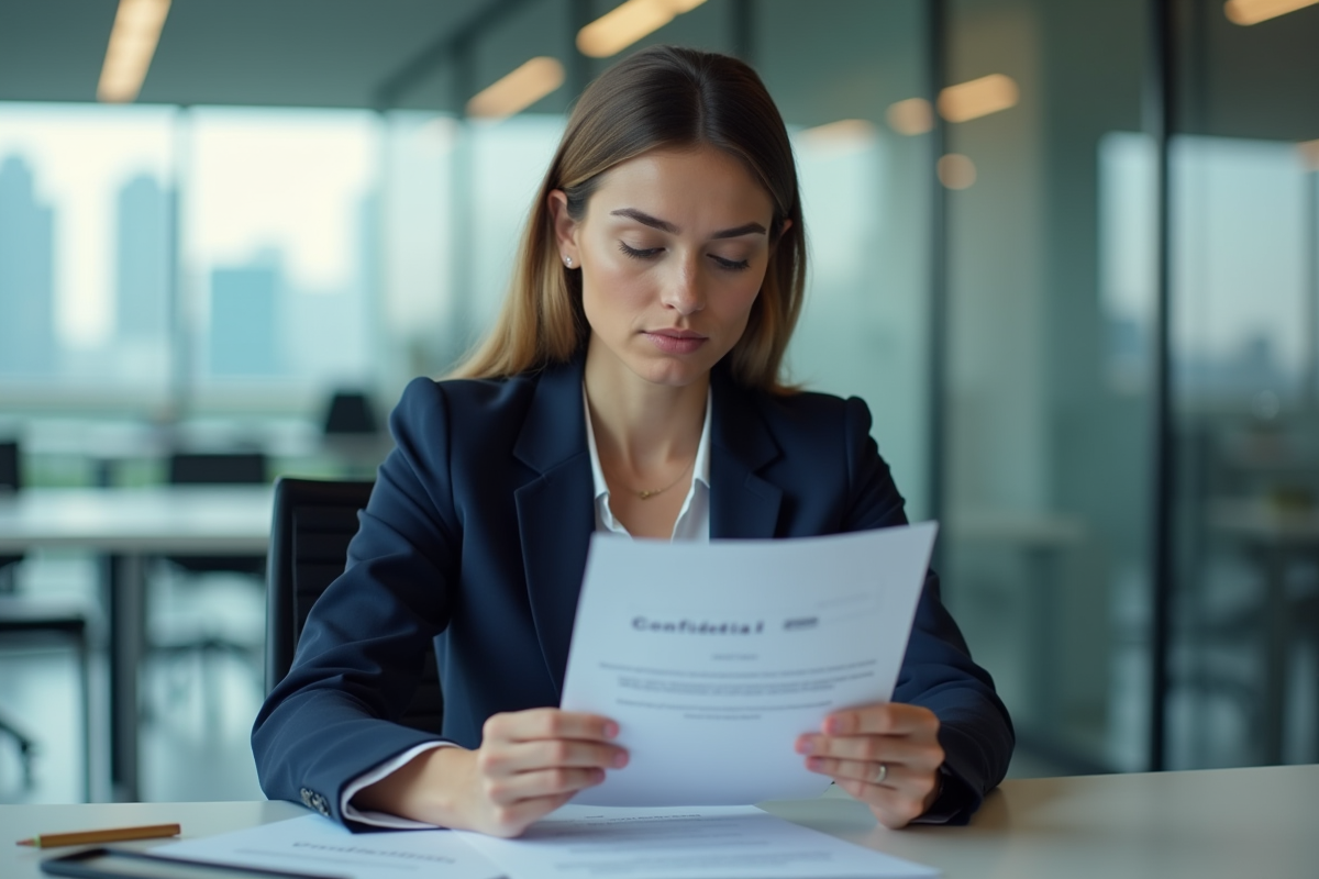 Femme d affaires en costume examinant un document confidentiel