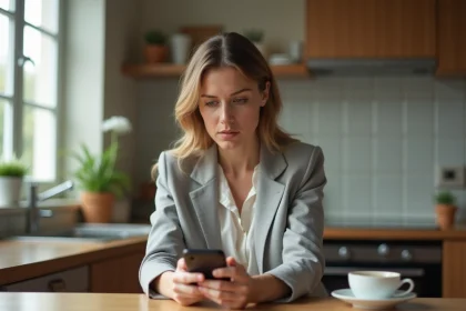 Femme hésitant à répondre à un appel avec l'indicatif 34 sur son smartphone dans une cuisine moderne