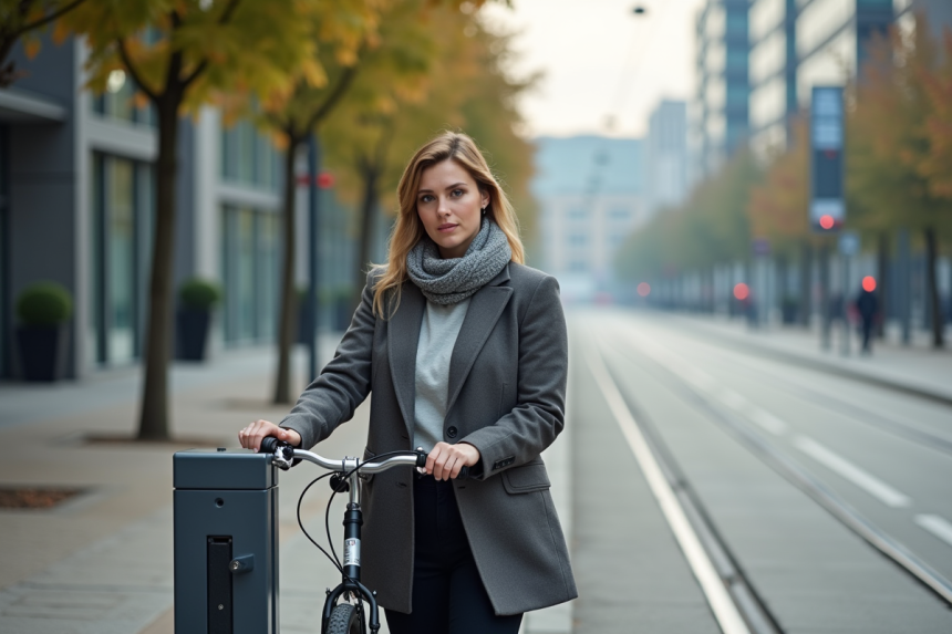 Jeune femme attachant son vélo dans la ville