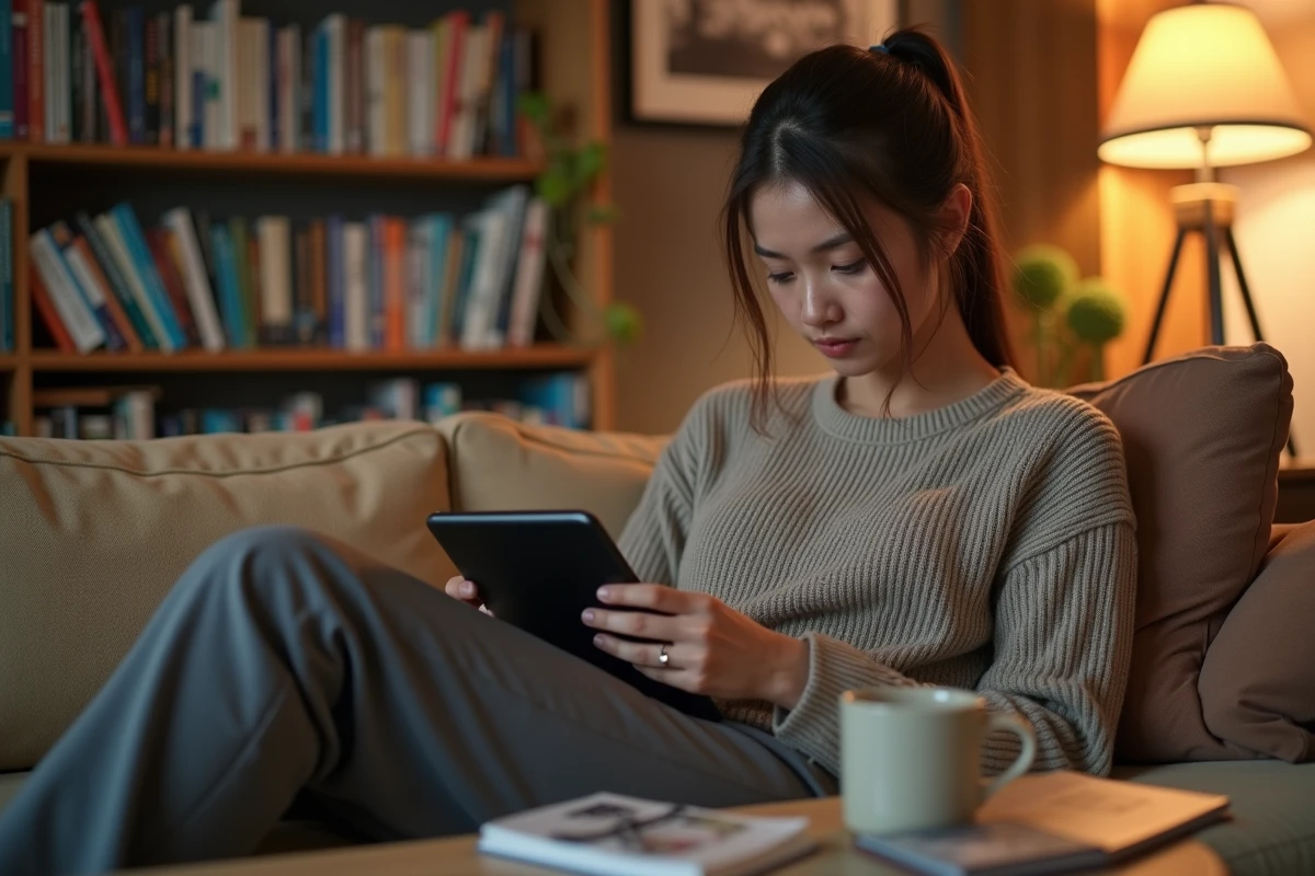 Femme lisant manga sur tablette dans son salon cosy