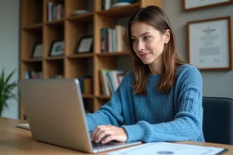 Jeune femme au bureau avec ordinateur portable et documents