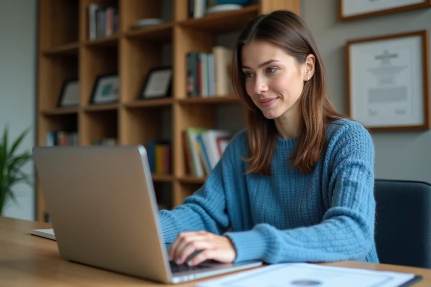 Jeune femme au bureau avec ordinateur portable et documents
