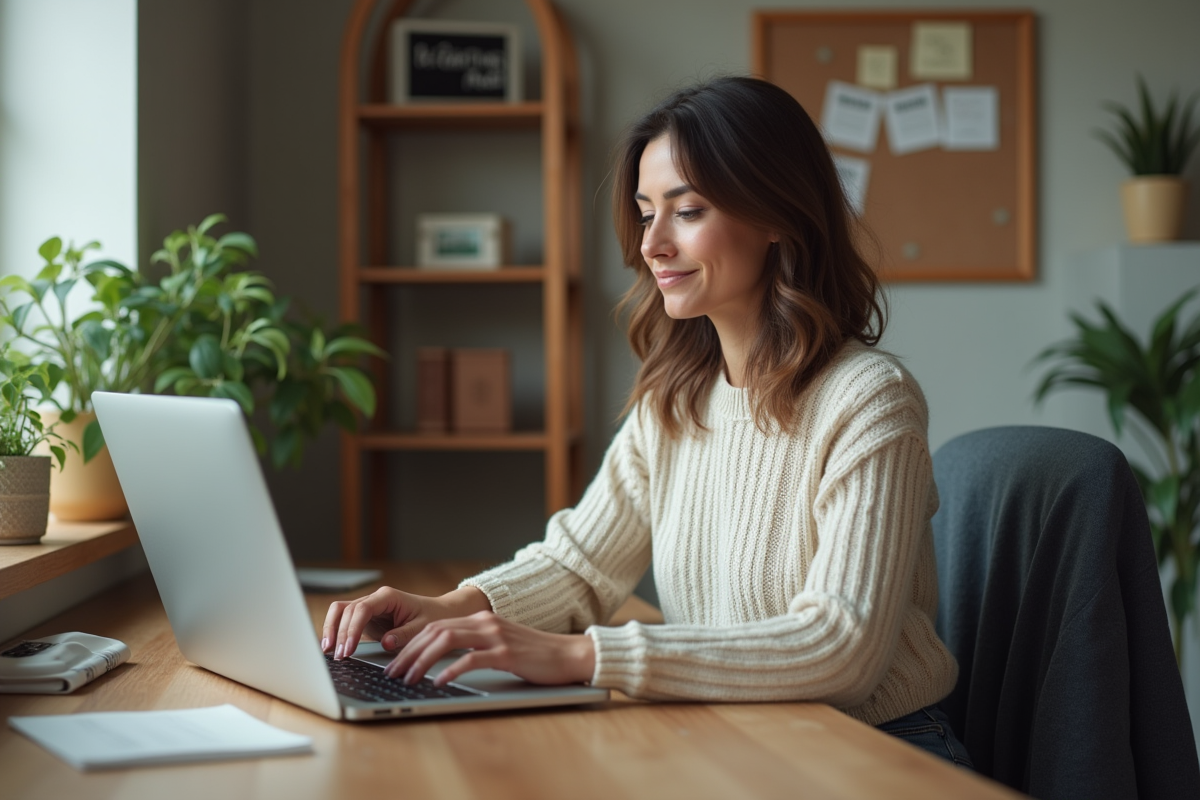 Femme au bureau à domicile travaillant sur son ordinateur