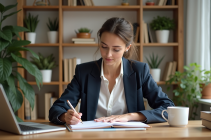 Femme en bureau moderne écrivant dans un planner