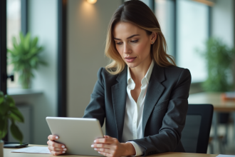 Femme professionnelle utilisant une tablette au bureau