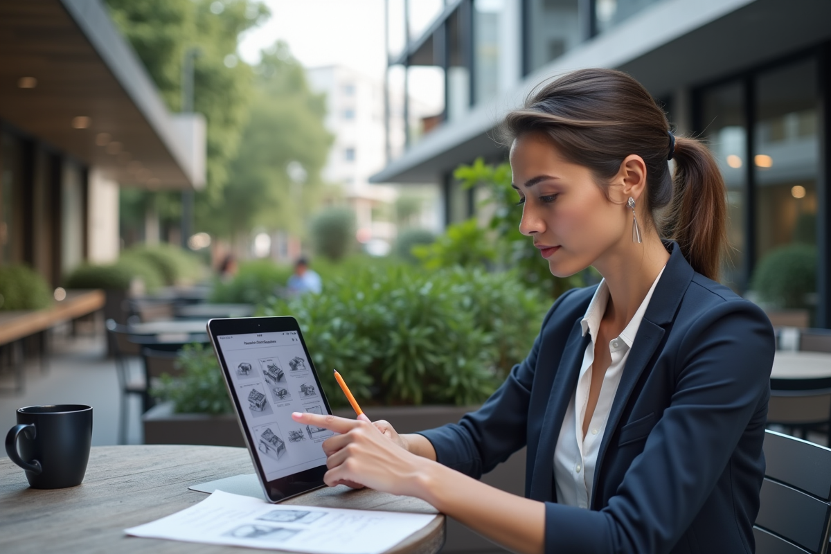Femme en formation en ligne sur une terrasse de café