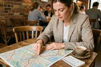 Femme consultant une carte routière papier avec des conversions kilomètres-miles notées dans un carnet, dans un café chaleureux