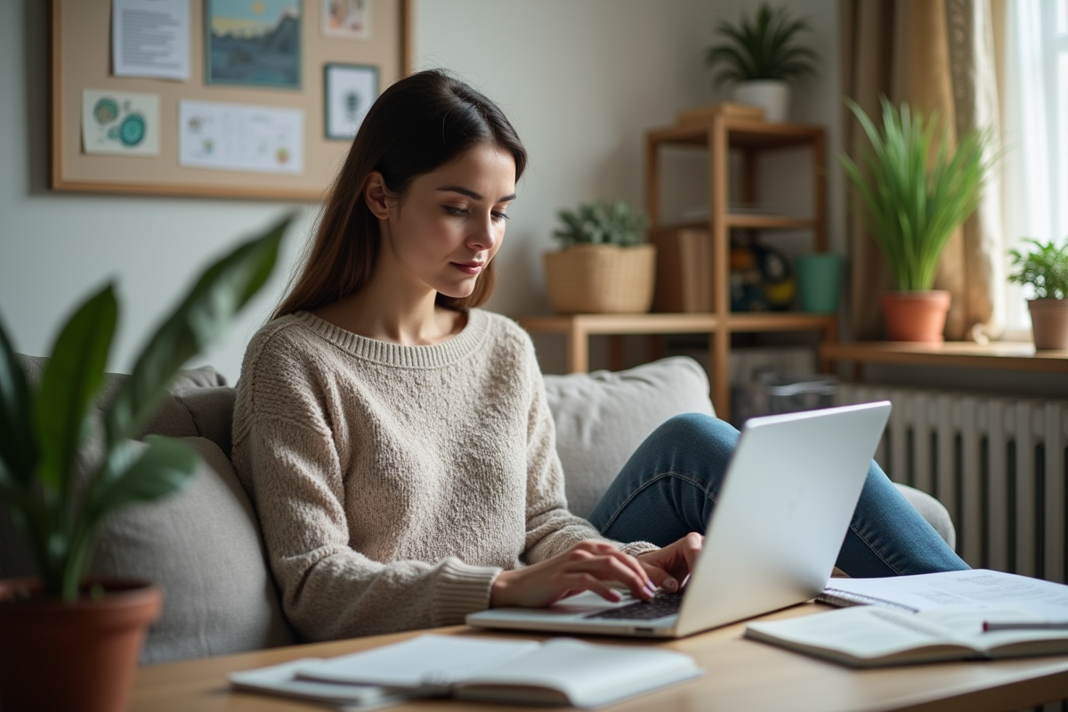 Femme en codage dans un espace de travail créatif à la maison
