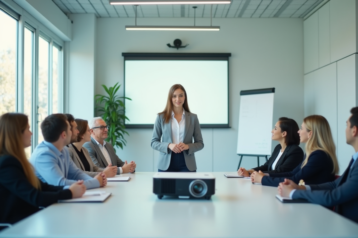 Jeune femme en réunion professionnelle ajustant un projecteur