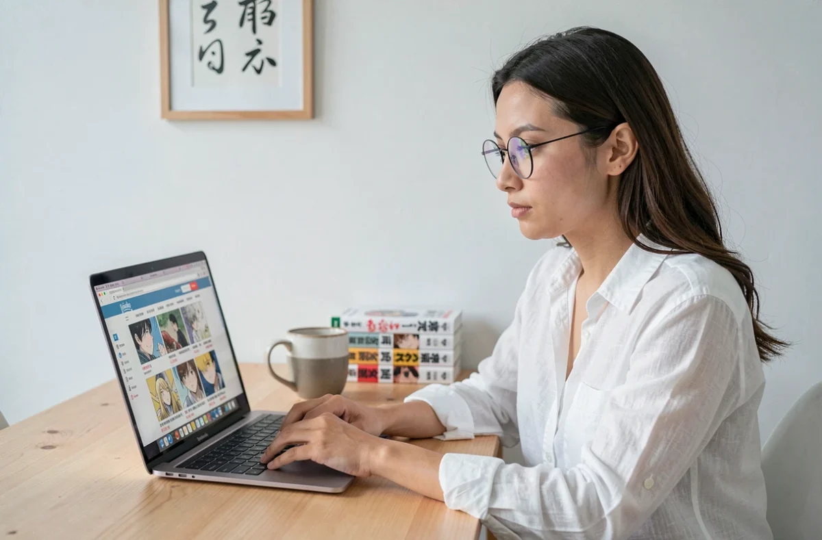 Femme avec lunettes consultant un site de lecture de manga en ligne sur laptop
