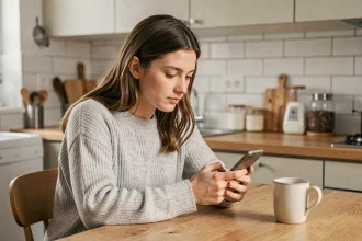 Femme consultant son numéro Lebara sur son smartphone dans une cuisine moderne