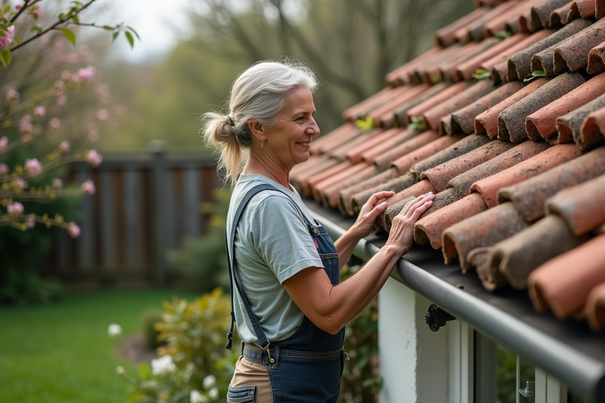Femme vérifiant des tuiles en béton dans son jardin