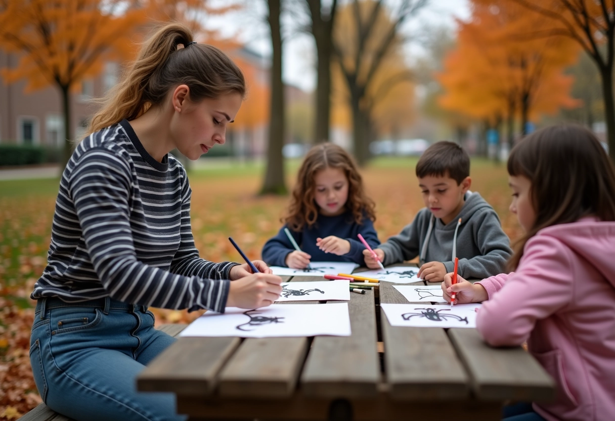 Femme guidant des enfants dans un dessin de chauve-souris en extérieur