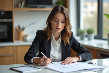 Femme d affaires examine documents financiers dans une cuisine moderne