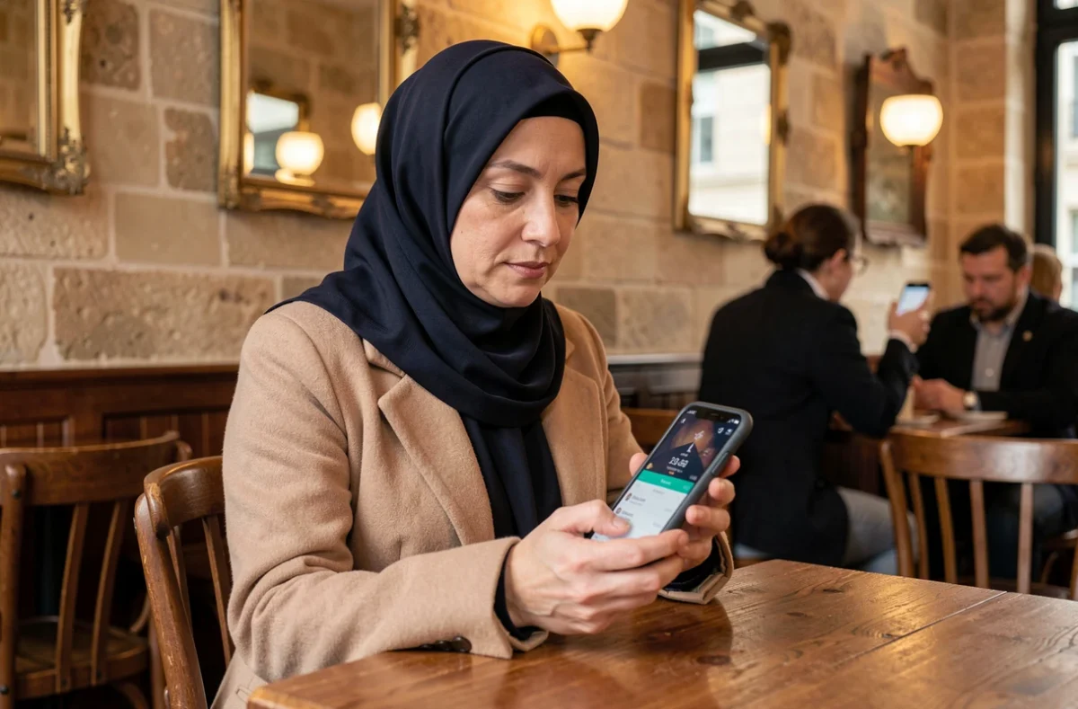 Femme en hijab consultant les horaires de prière sur téléphone dans un café à Reims