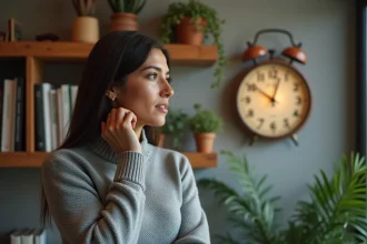 Femme contemplative regardant une horloge affichant 11h22, symbolisant la récurrence mystérieuse de cette heure dans la vie quotidienne