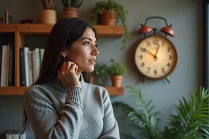 Femme contemplative regardant une horloge affichant 11h22, symbolisant la récurrence mystérieuse de cette heure dans la vie quotidienne
