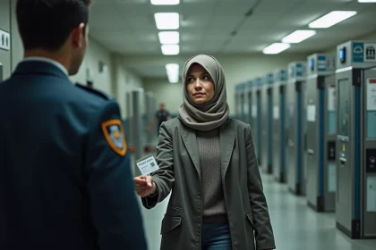 Femme montrant son ID &agrave; un agent de s&eacute;curit&eacute; en prison