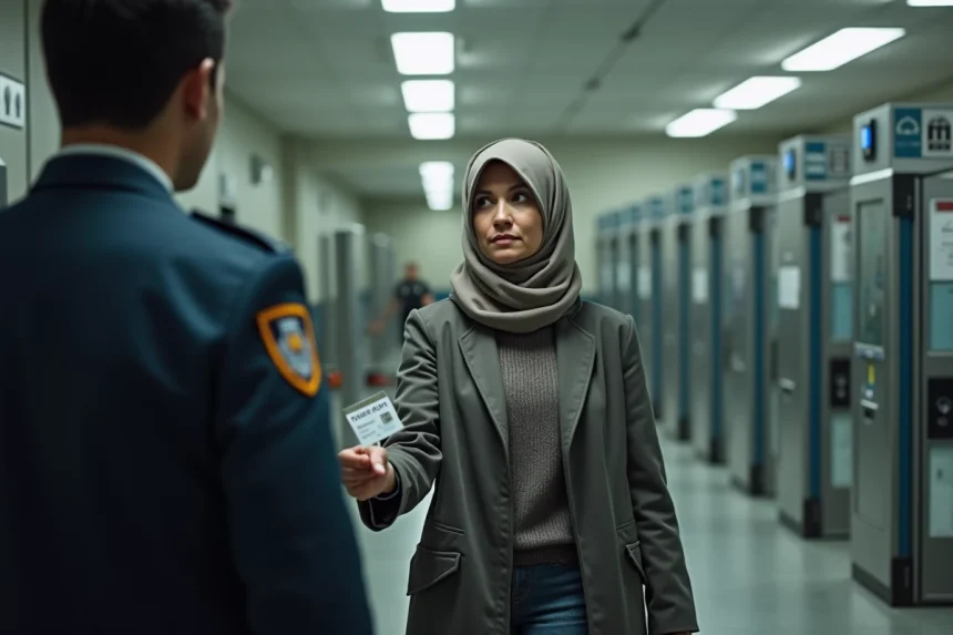 Femme montrant son ID &agrave; un agent de s&eacute;curit&eacute; en prison