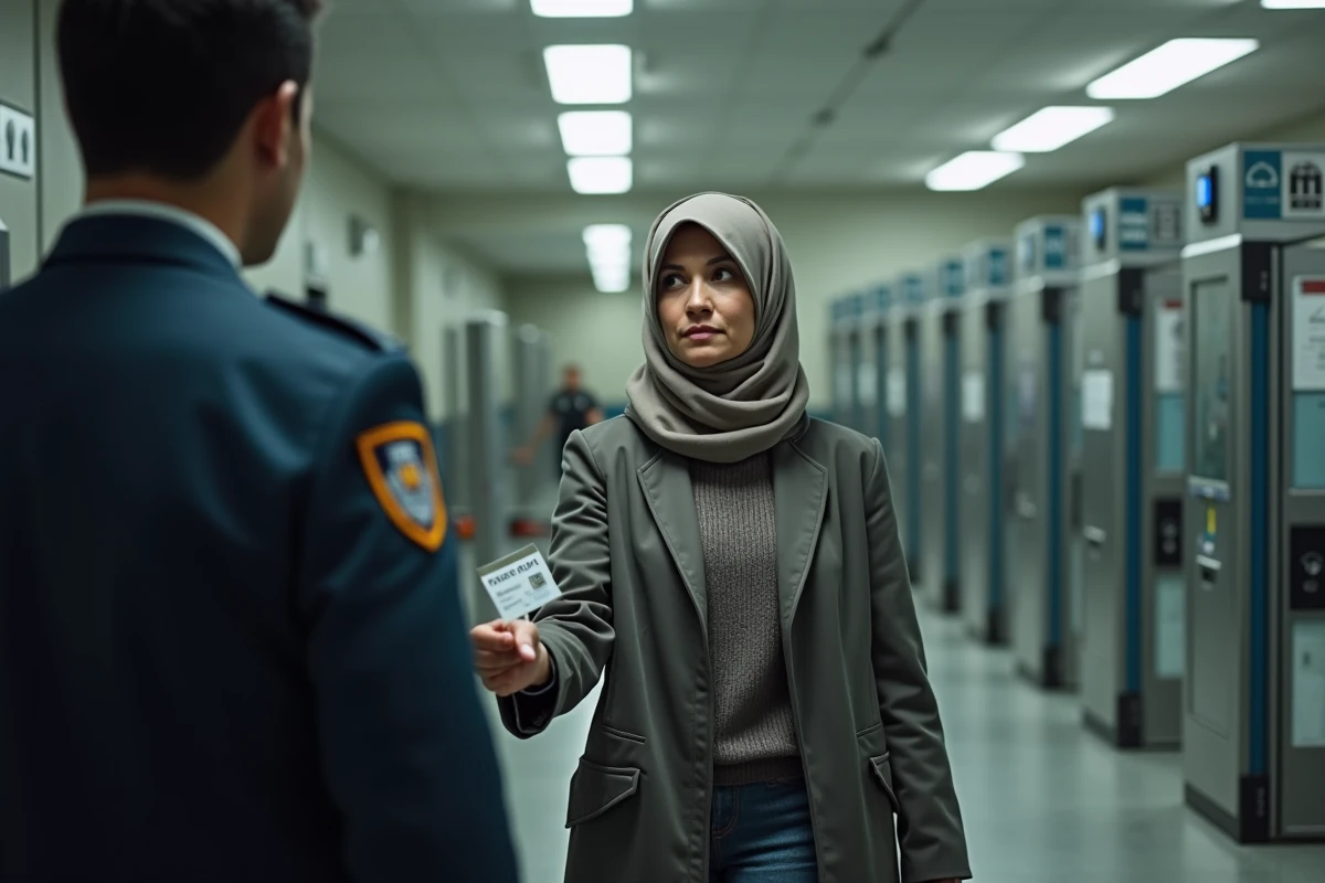 Femme montrant son ID à un agent de sécurité en prison