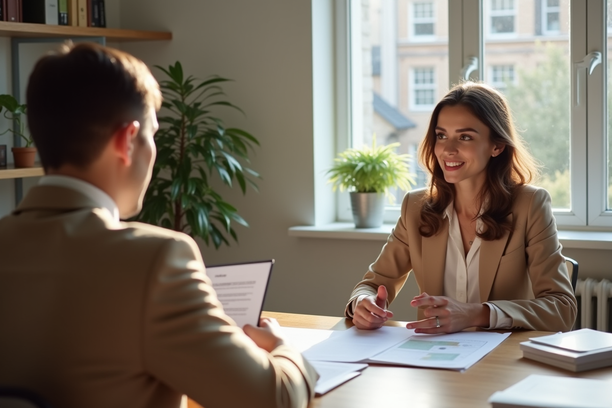 Jeune femme discutant avec un conseiller immobilier dans un bureau accueillant