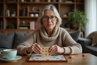 Femme d'âge moyen jouant au Scrabble dans un salon chaleureux