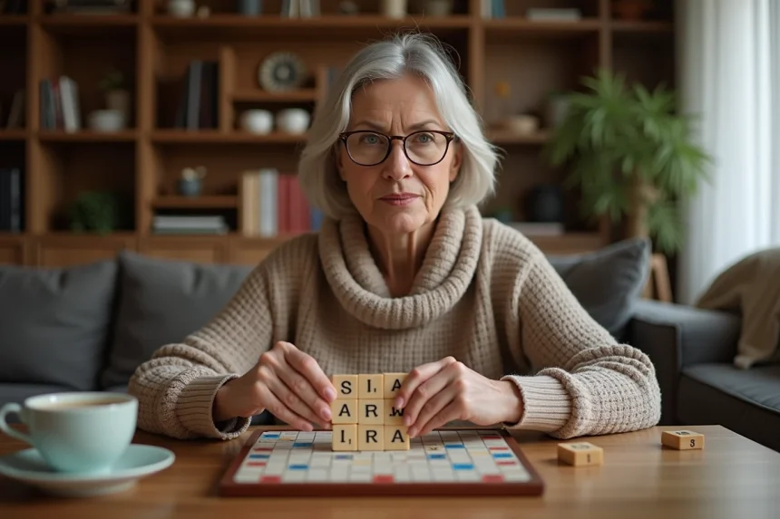 Femme d'&acirc;ge moyen jouant au Scrabble dans un salon chaleureux